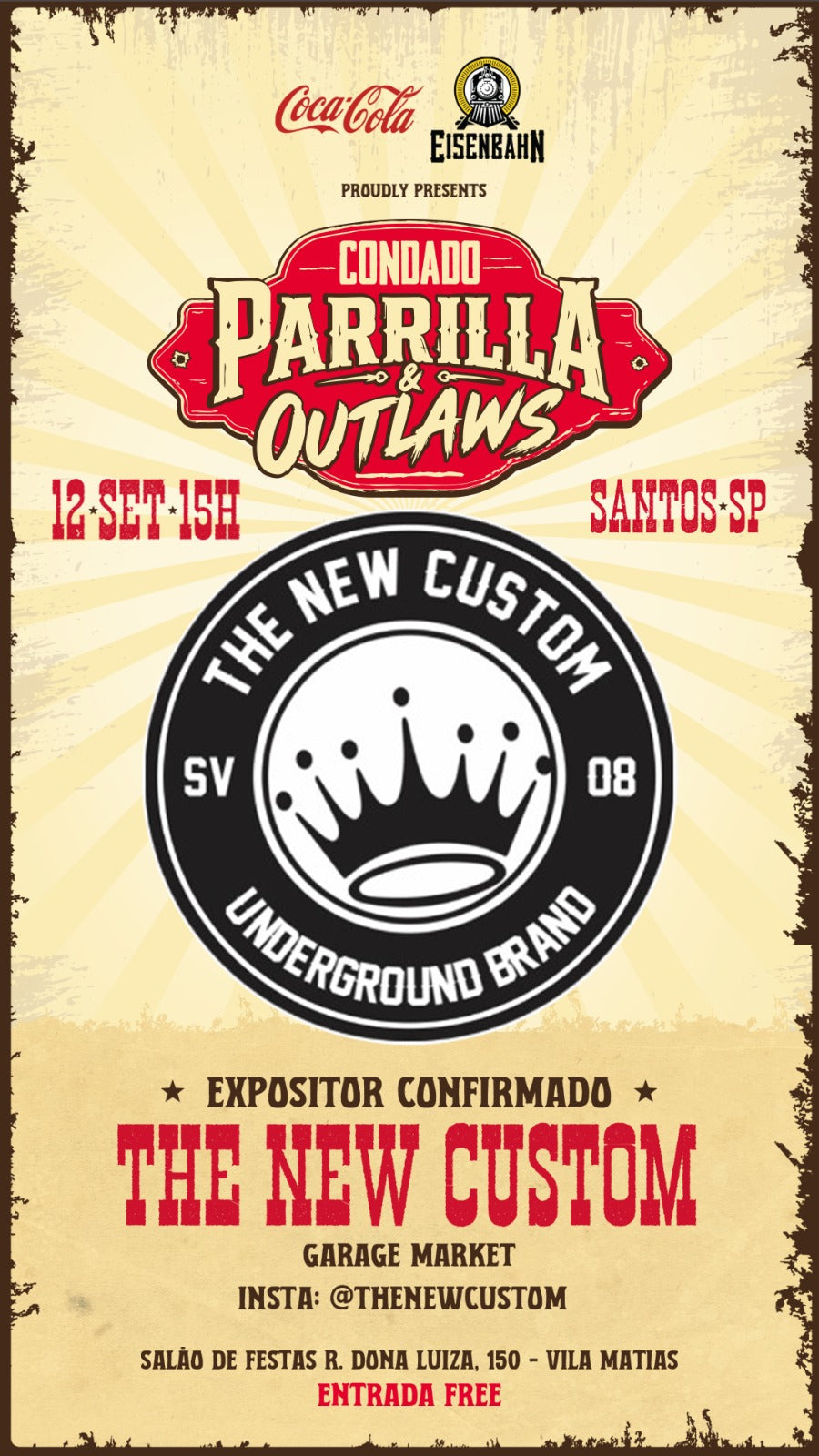 Flyer do evento Condado Parrilla & Outlaws com a The New Custom como expositora confirmada